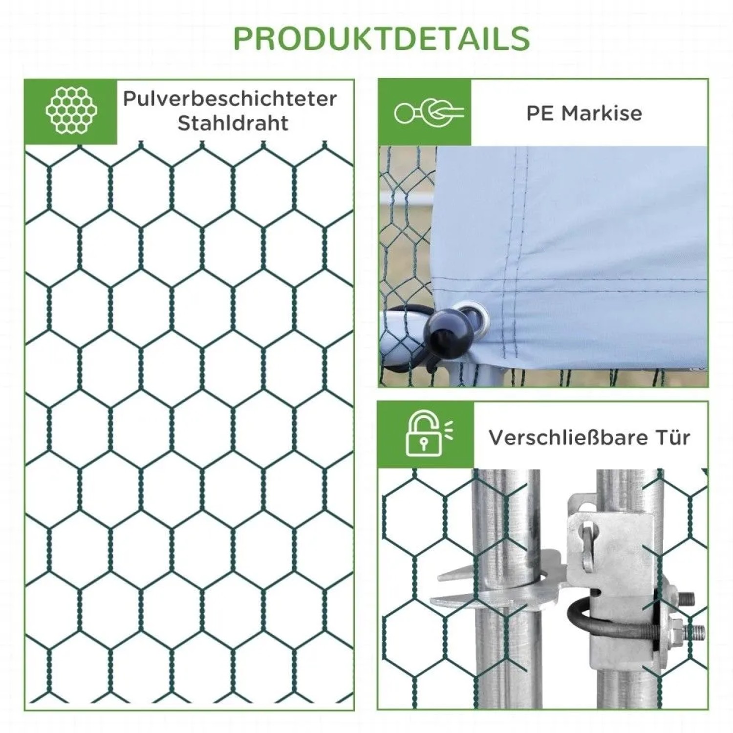Details des PawHut Hühnerstalls: Pulverbeschichteter Stahldraht, graue PE-Markise, verschließbare Tür. Sicherer Laufstall.