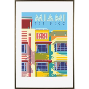 Goldener Kunststoffbilderrahmen (62x93 cm) mit Art Deco Miami Motiv.