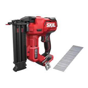Skil Akku-Nagelpistole 18GA 3885CA, bürstenlos, rot/schwarz, mit Magazin und Nagelstreifen.