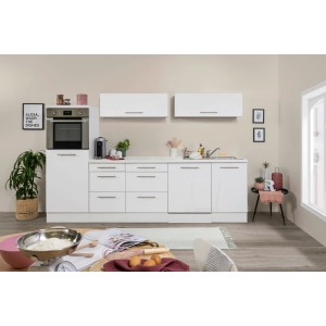 Respekta Premium Inselküche, 280 cm, Weiß Hochglanz mit Kochinsel und Elektrogeräten.