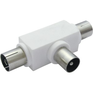 Schwaiger Aufsteckverteiler für Rundfunk, weißer Kunststoff mit Metallanschlüssen.