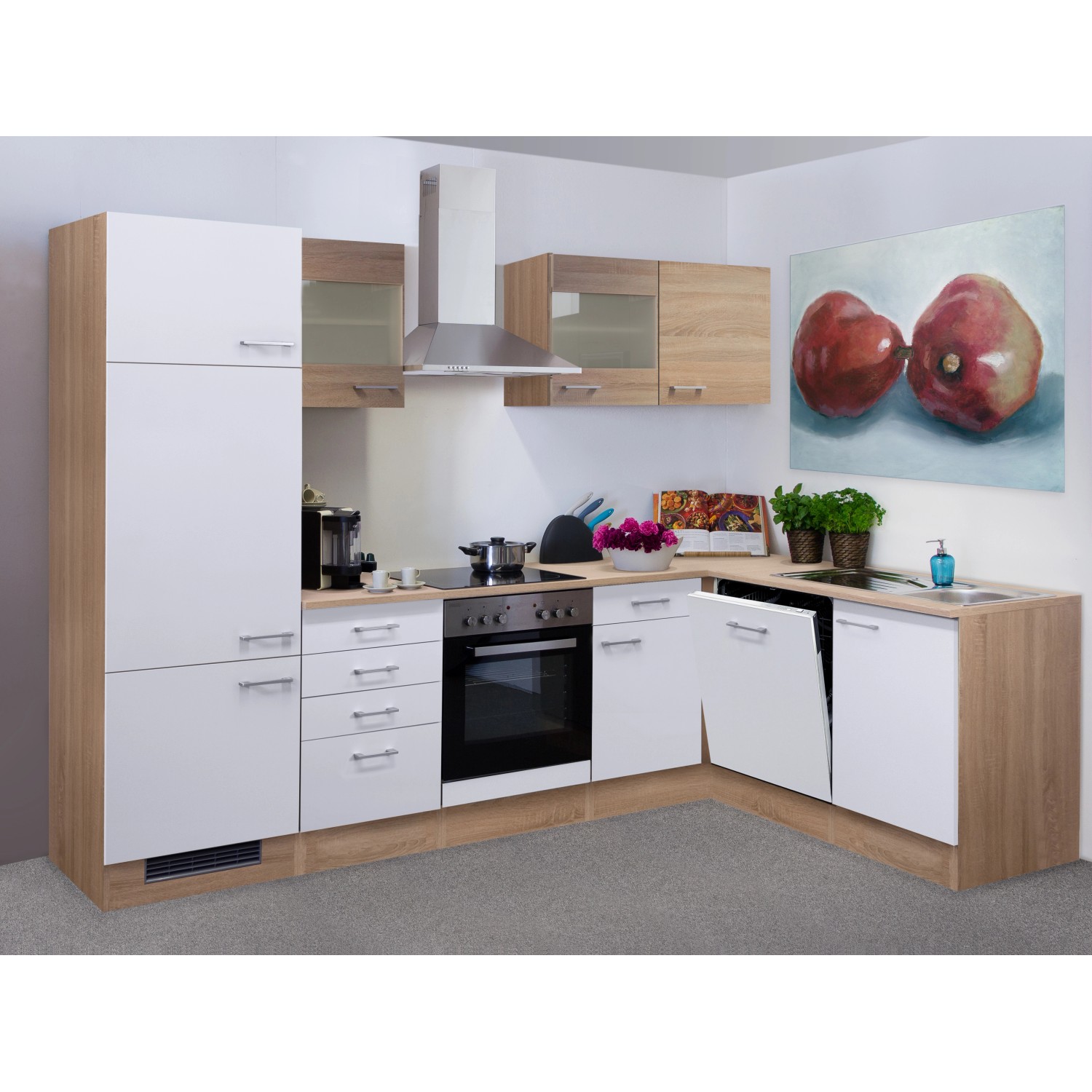 Flex-Well Winkelküche Florida in Sonoma Eiche-Weiß mit E-Geräten und Spüle.