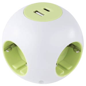 REV Ritter PowerGlobe Kugelsteckdose, 4-fach, mit USB A+C, weiß-grün, 1,4m Kabel.