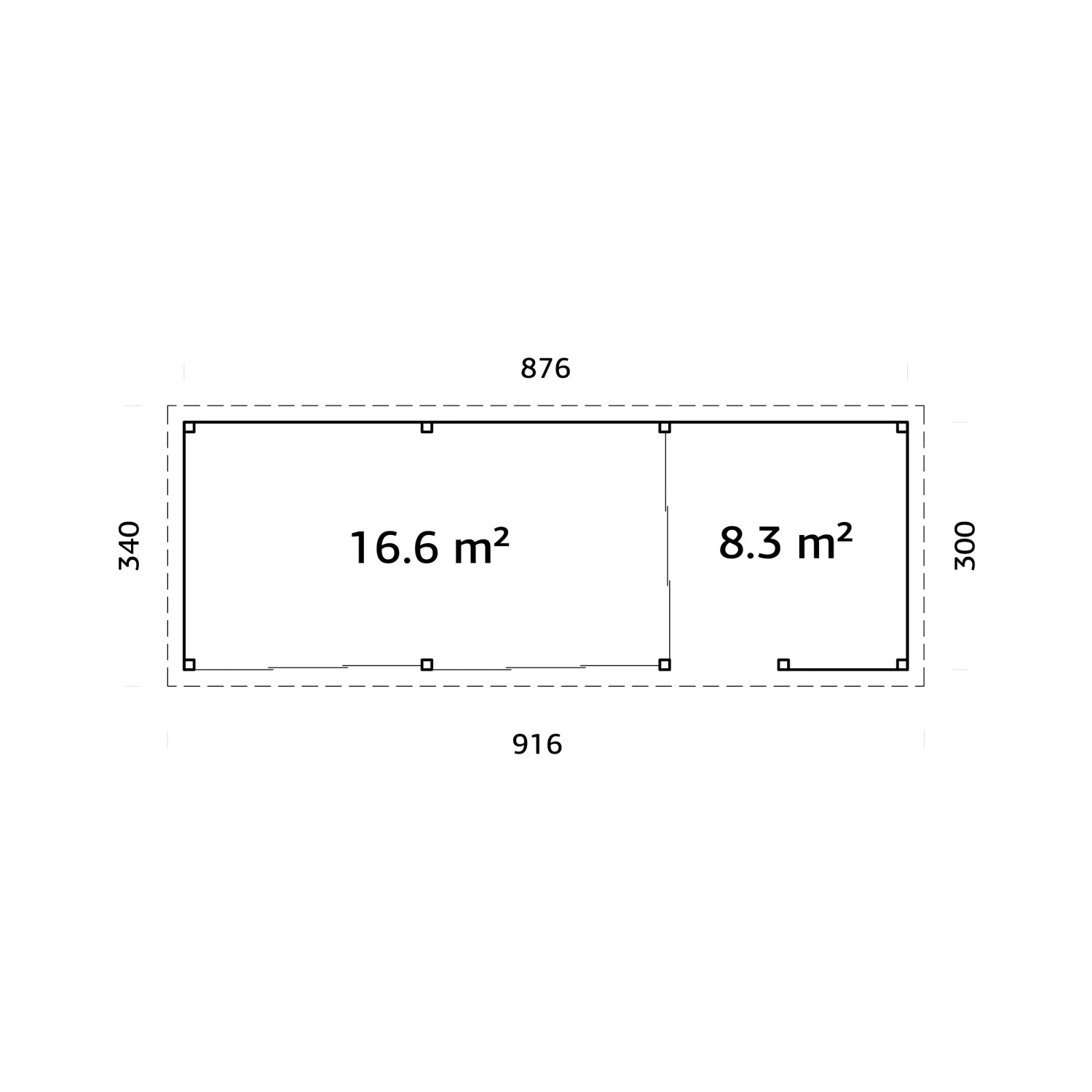 Grundriss Palmako Pavillon Lenna Set 719 Slide Plus, Weekendhaus mit Maßen und Flächenangaben.
