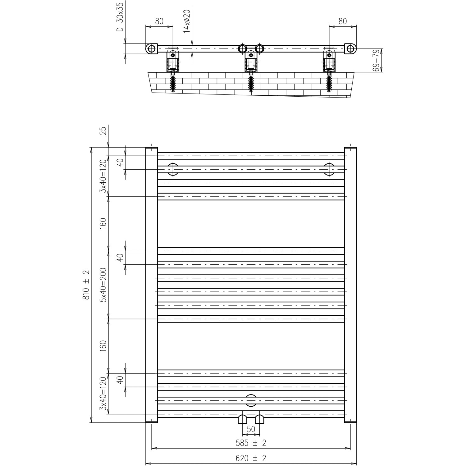 Technische Zeichnung: Schulte Design-Heizkörper, gerade, mit Mittenanschluss, Maße und Details.