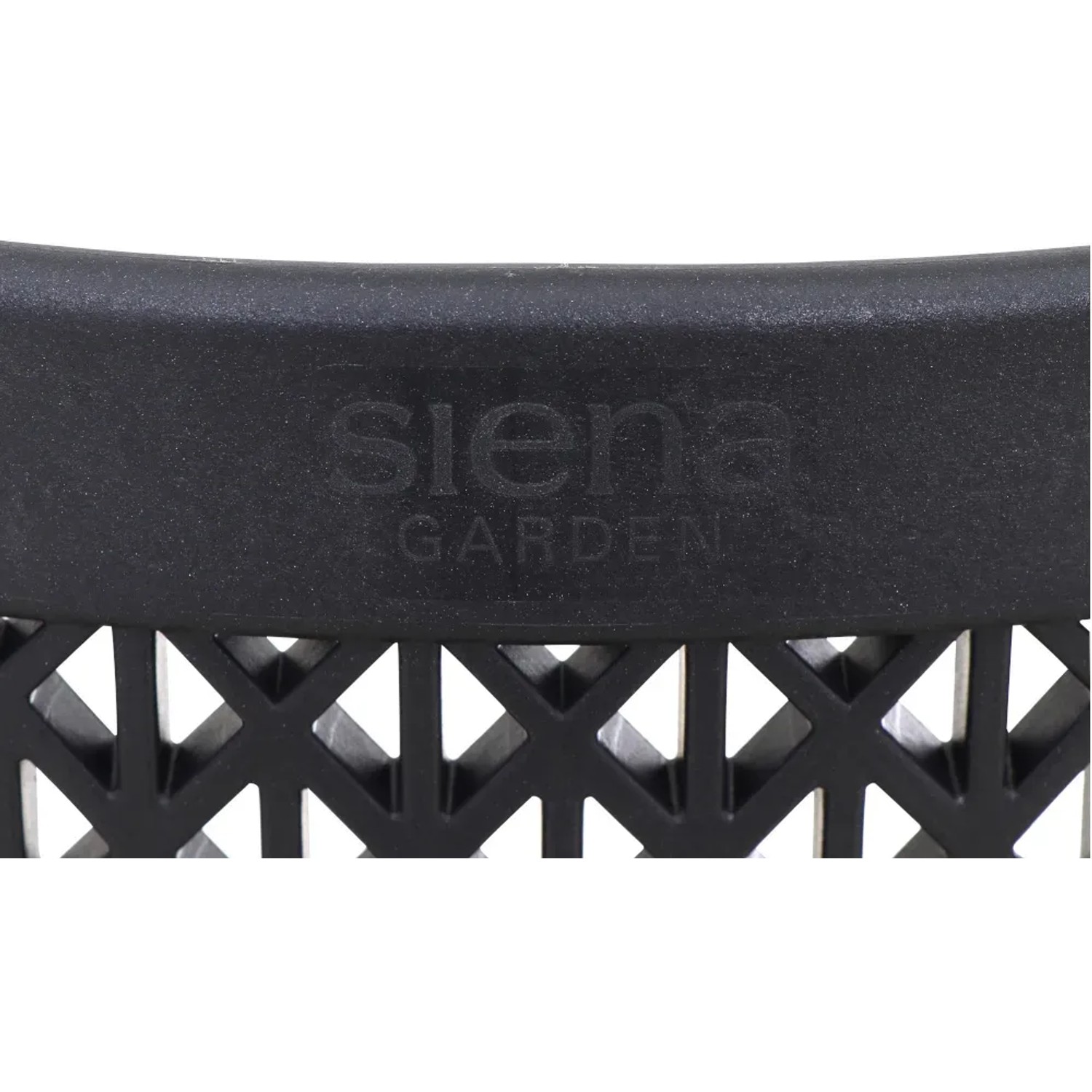 Detailansicht: Anthrazitfarbener Siena Garden District Stapelsessel mit Rückenlehne und Logo.