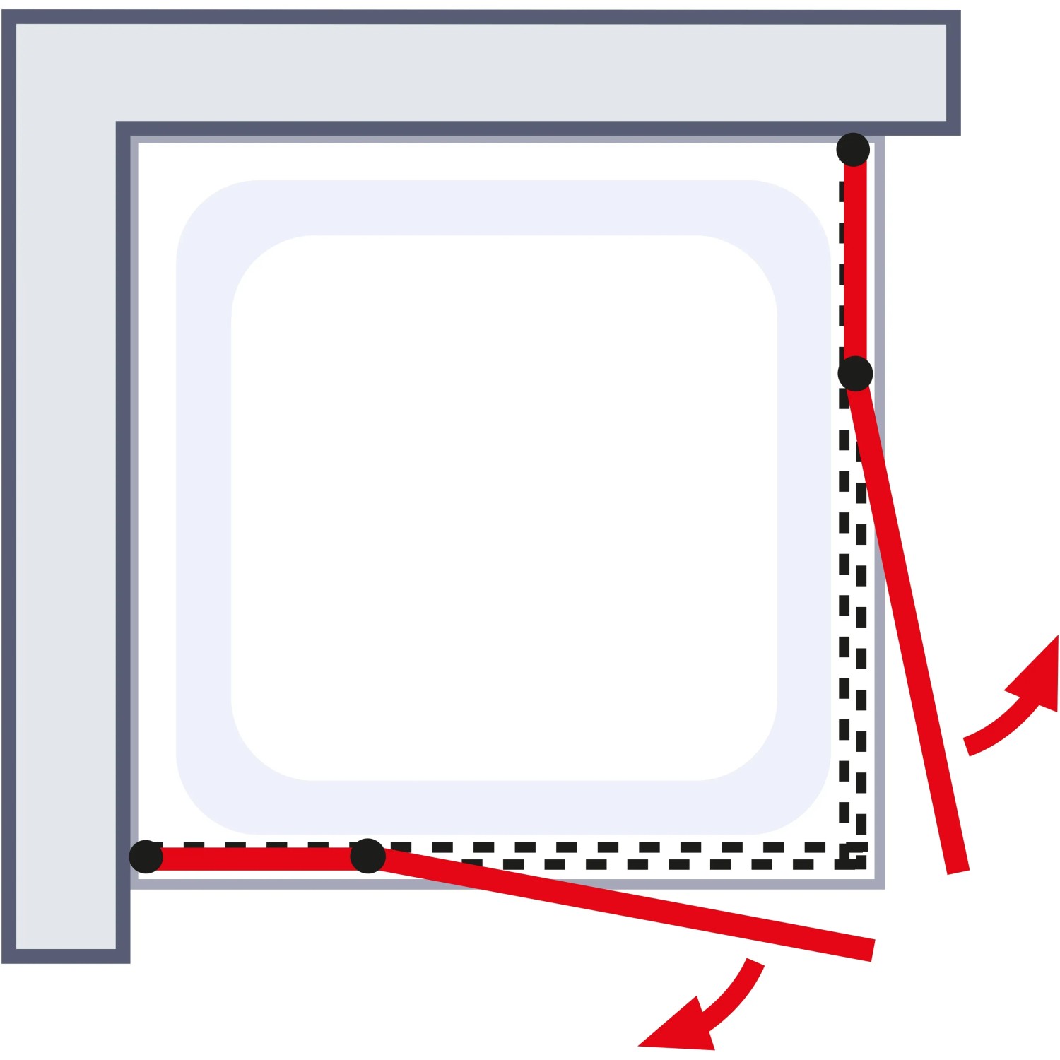 Skizze einer Schulte Eckeinstieg Duschkabine Sunny, 4-teilig, Alu-Natur, Echtglas Klar Hell, 180x80 cm.