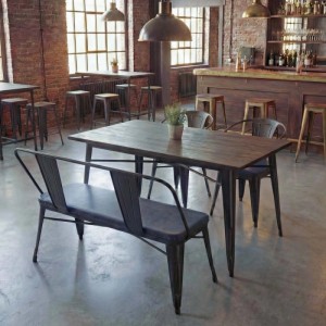 4-teilige Essgruppe: Tisch mit Ulmenplatte, Sitzbank und 2 Stühle im Industrie-Design.