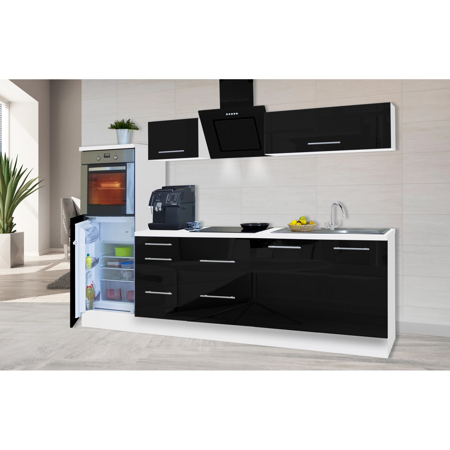 Respekta Premium Küchenzeile, 270 cm, Schwarz Hochglanz/Weiß, mit E-Geräten und offenem Kühlschrank.