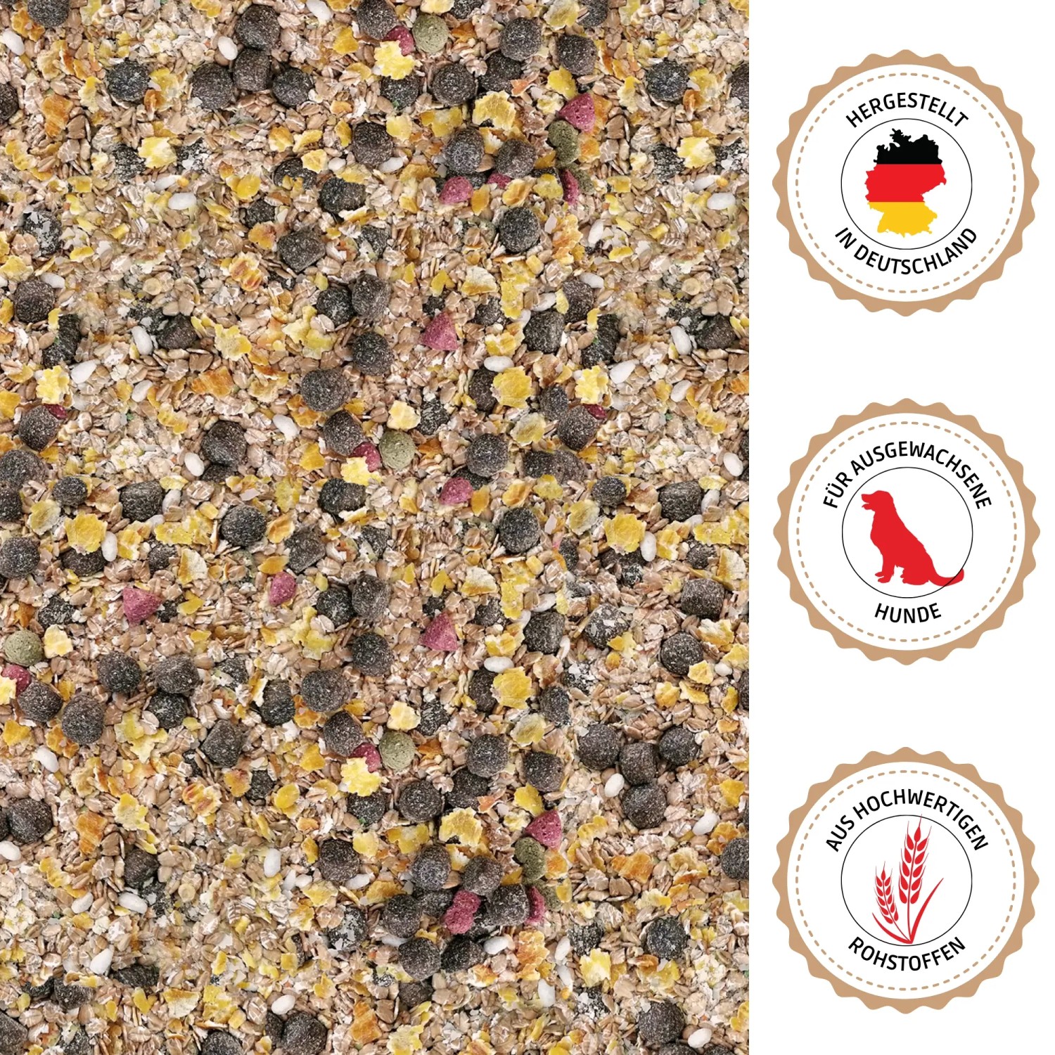 Supravit Flockenmix Plus für Hunde: Nahaufnahme der bunten Flockenmischung mit Getreide, Gemüse und Pellets.