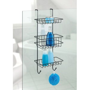 Schwarzes Wenko Duschregal Revigo mit 3 Ablagen und Haken zur Aufhängung an der Duschwand.
