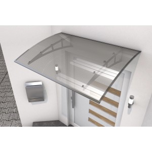 Gutta Pultvordach, anthrazitfarbene Stahlträger, klare Polycarbonat-Platte, 140x98x25 cm.