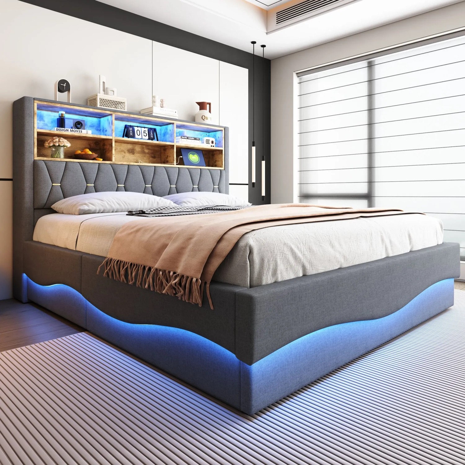 okwish Kinderbett 180x200cm mit LED Stauraum Kinderzimmer Grau ohne Matratze_4