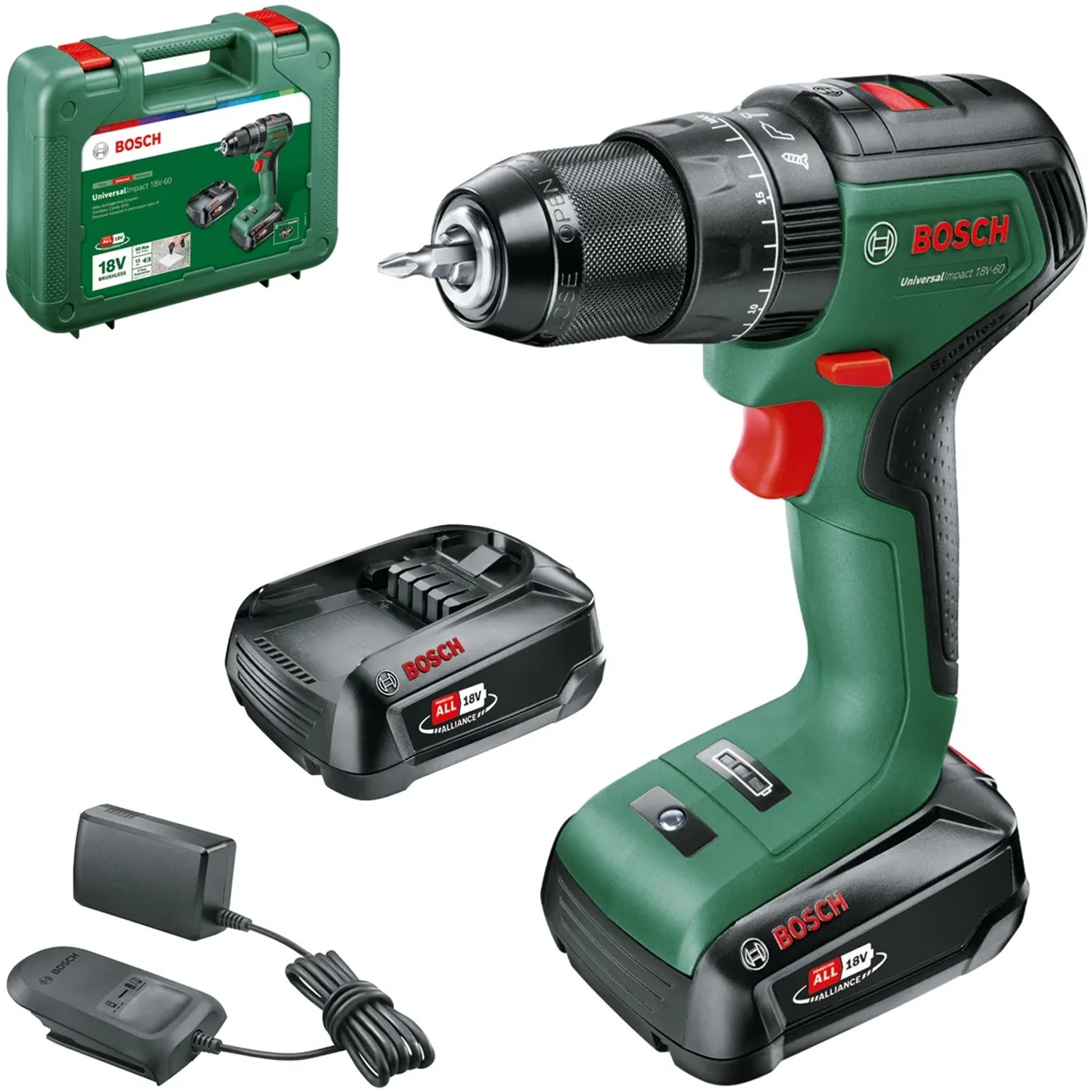 Bosch Akku-Schlagbohrschrauber UniversalImpact 18V-60 mit 2 Akkus, Ladegerät und Koffer.