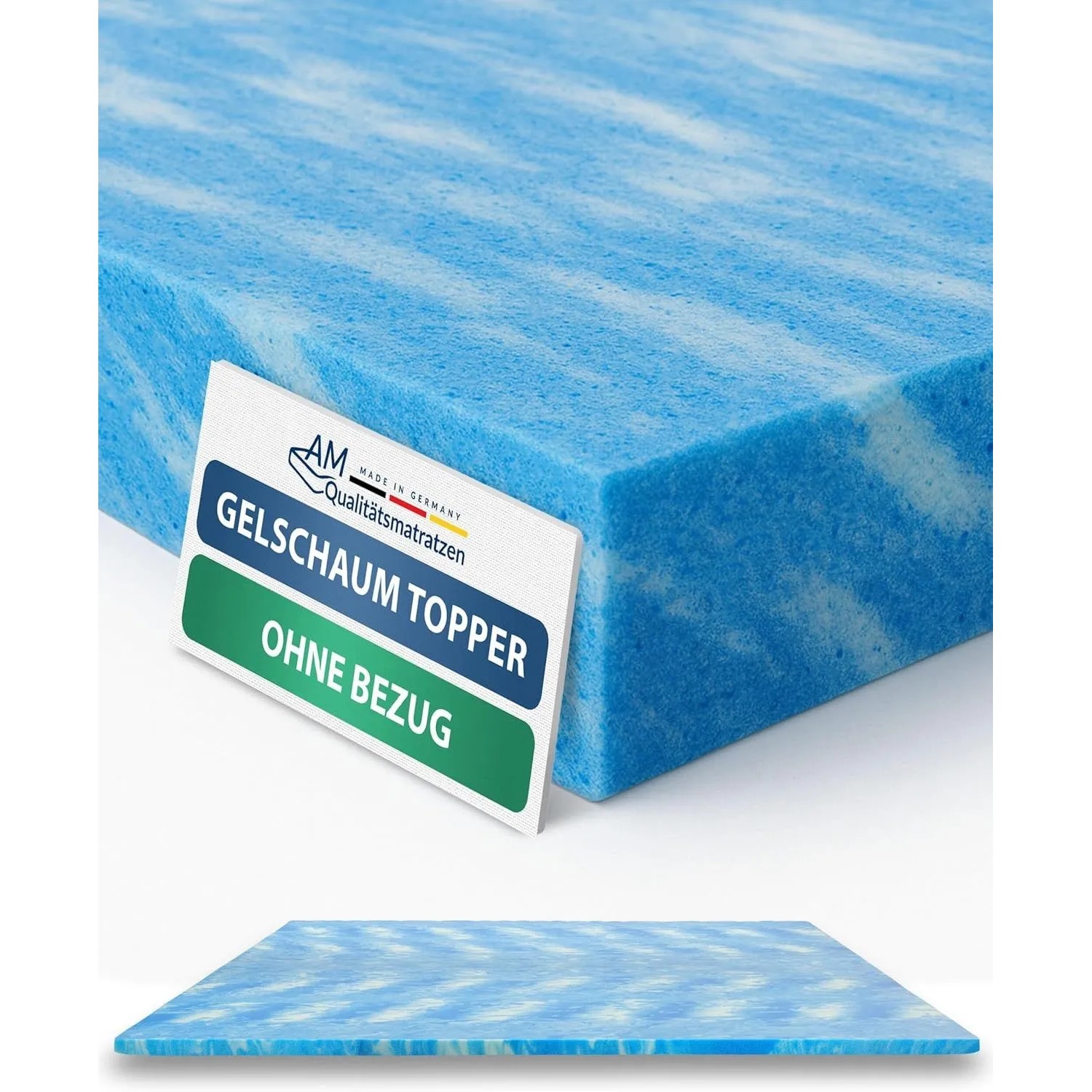 Blauer Gelschaum Topper mit weißer Marmorierung, ohne Bezug. Matratzen Topper 160x200cm, Made in Germany.