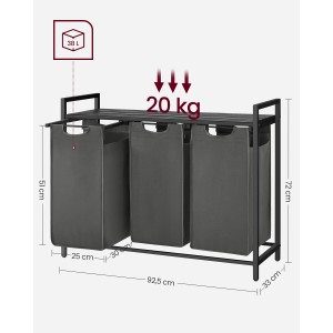 Vasagle Wäschesammler mit 3 Fächern und Ablage, schwarz-grau, 114 Liter Fassungsvermögen.