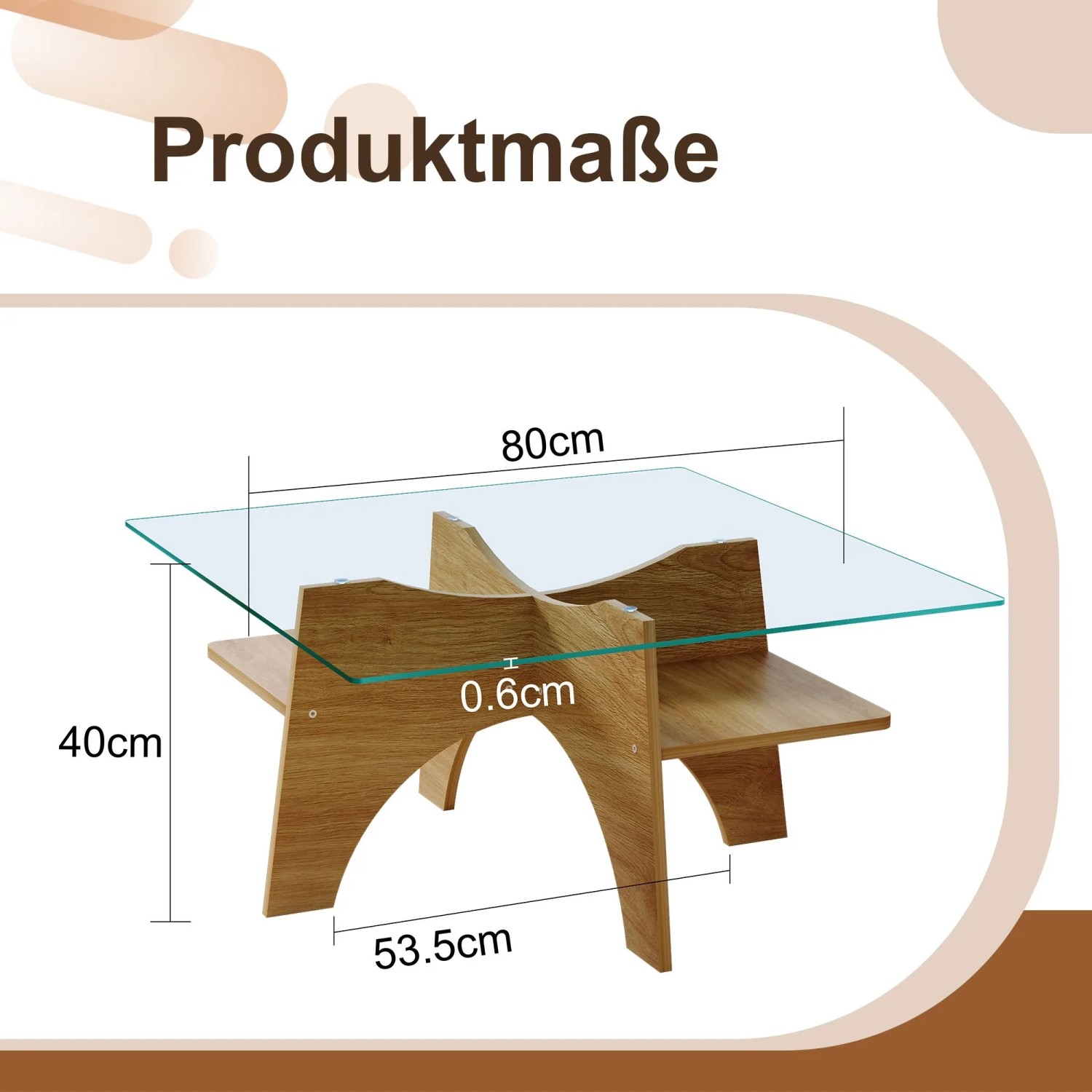 okwish Beistelltisch mit Sicherheitsglas Quadratisch Wohnzimmer Büro 80x80x40cm Natur_5