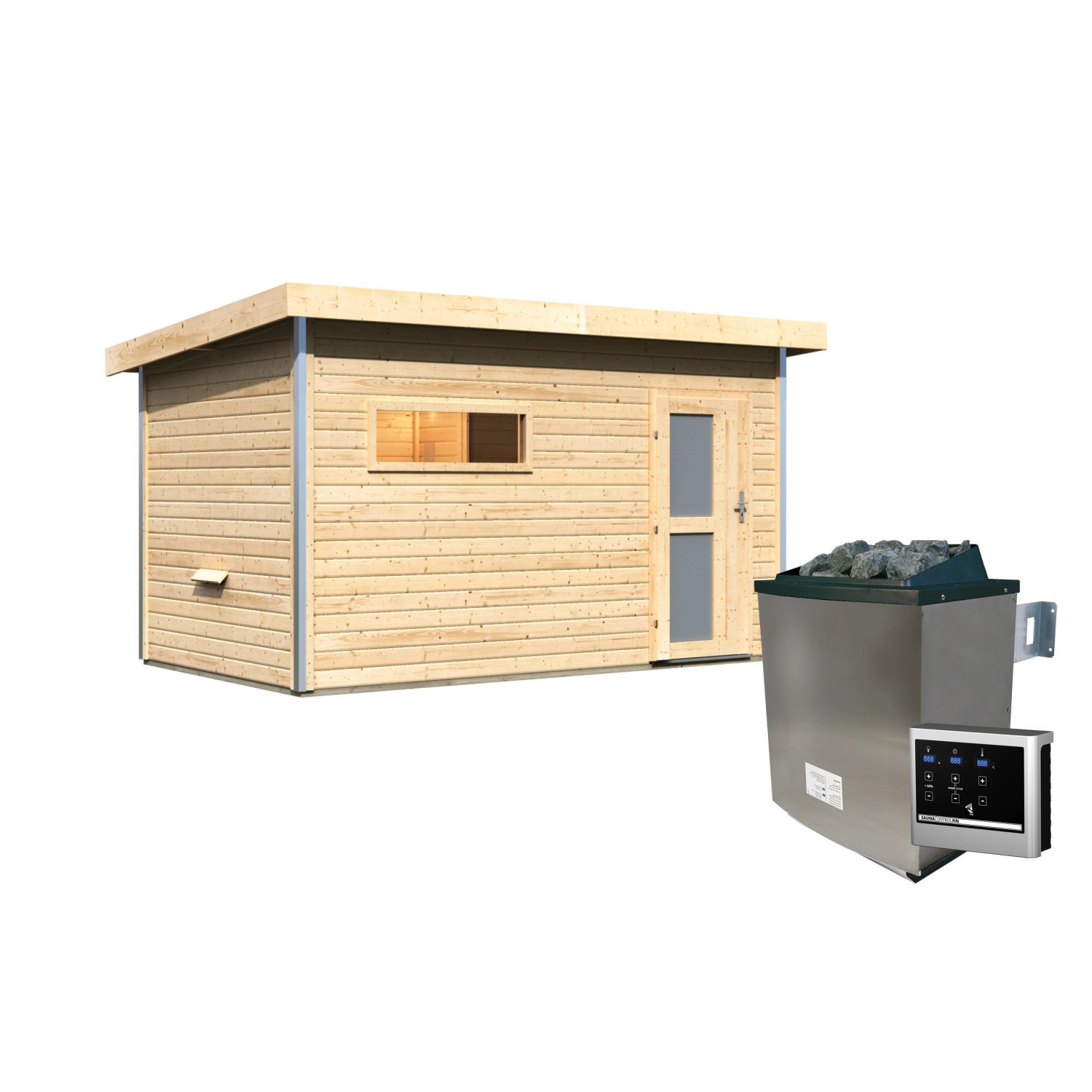 Karibu Saunahaus Hendrik 3 mit Ofen und Steuerung: Naturbelassenes Holzhaus mit Glastür und Saunaofen.