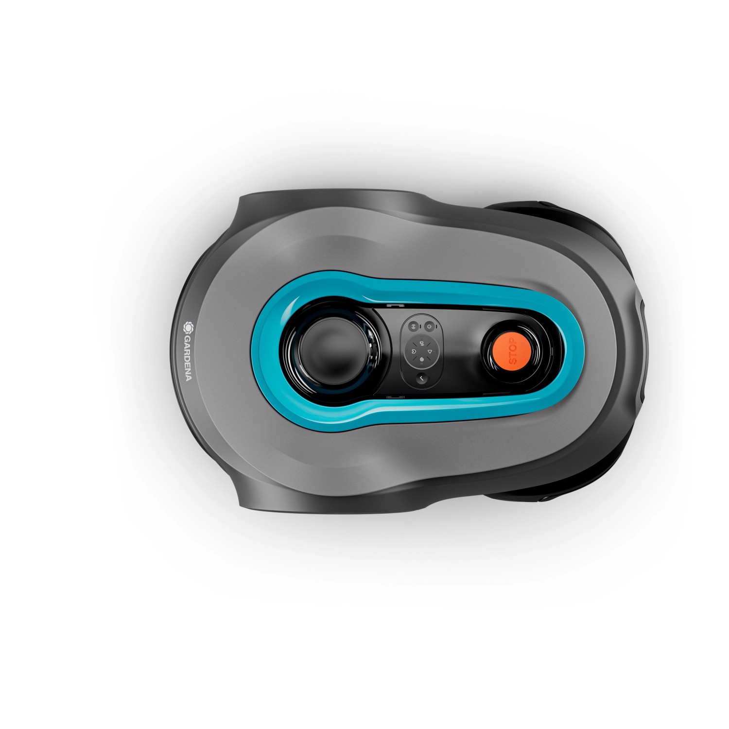 Gardena Mähroboter Sileno Smart Free 800: Top-Ansicht des Rasenmähers in Grau mit türkisen Akzenten.