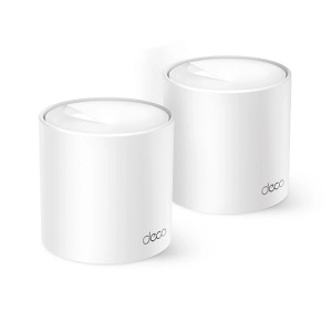 Zwei weiße, zylindrische TP-Link Deco WLAN-Mesh-Geräte für nahtlose Wi-Fi 6 Netzwerkabdeckung.