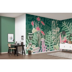 Komar Vliestapete The Flower Duet, 400x250cm, Grün, mit Blumenmuster im Wohnraum.