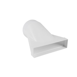 Übergangsstück (rund auf flach) für Lüftungssysteme, aus weißem Kunststoff.