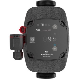 Hocheffiziente Grundfos ALPHA2 GO Umwälzpumpe, schwarz, mit Digitalanzeige und Bluetooth für Heizungs-Installation.
