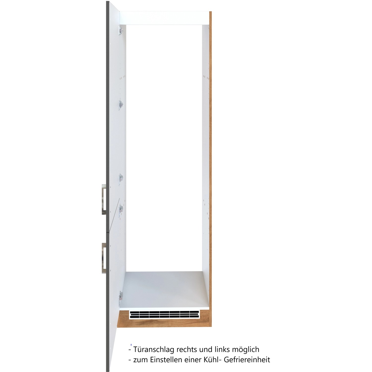 Held Möbel Kühl-Gefrierschrankumbau Sorrento, anthrazit/Wotanei, offene Ansicht. Vorratsschrank mit Nische für Kühl-Gefrierkombination.