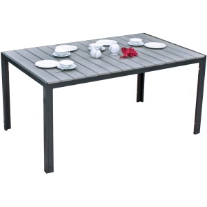 Rechteckiger, grauer Gartentisch Garden Pleasure Olivia, 150x90 cm, mit Geschirr dekoriert.