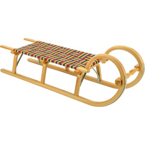 Gebirgsrodel aus Holz, naturfarben mit Gurtsitz, 115 cm lang. Schlitten für Winterspaß.