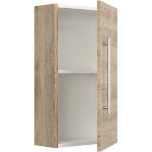 Offener Posseik Bad-Hängeschrank in Eiche, 35 cm breit, mit Einlegeboden und silbernem Griff.