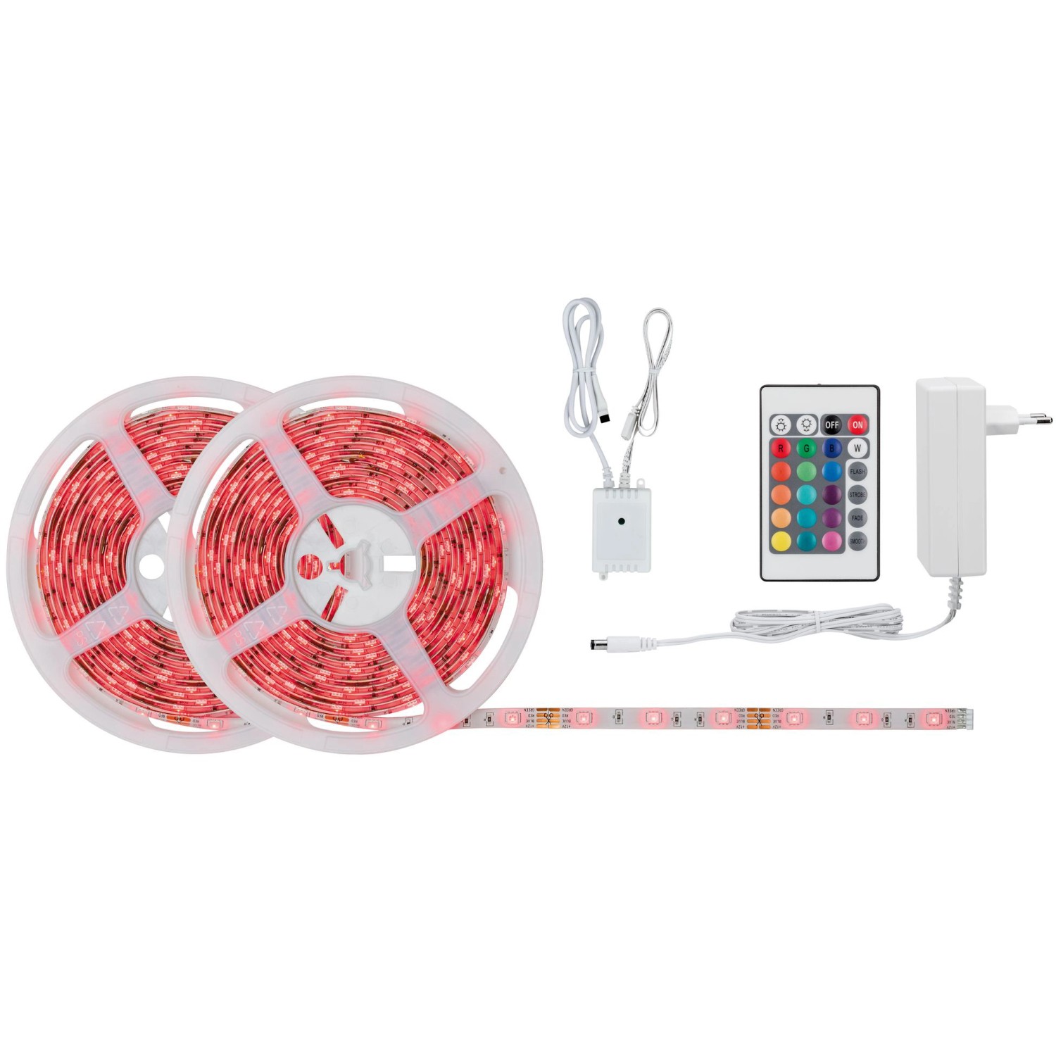 SimpLED Strip Set 10m RGB: LED-Streifen auf Rollen, Fernbedienung und Netzteil.