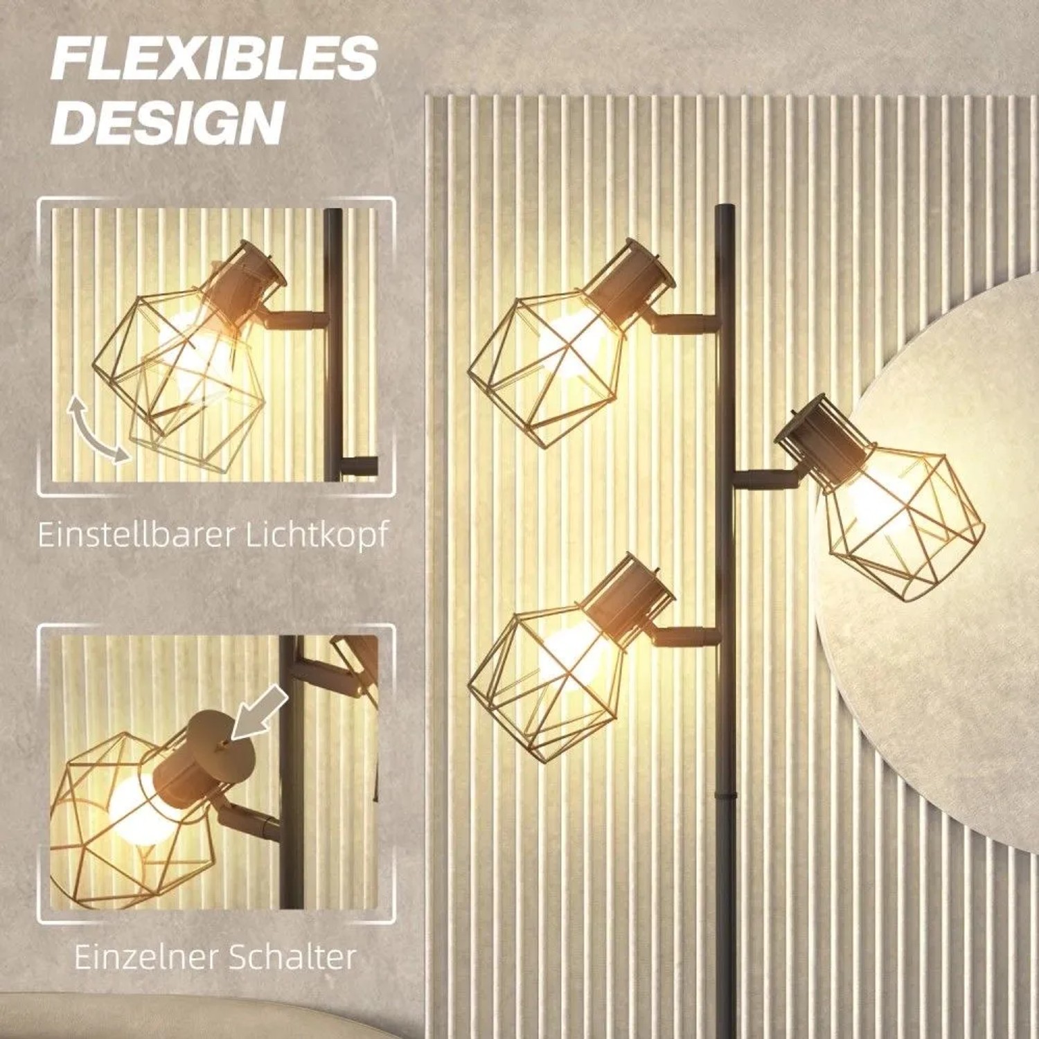 HOMCOM Stehlampe, schwarz, mit 3 verstellbaren E27 Leuchten in Drahtkäfig-Optik. Einzeln schaltbar, modernes Design.