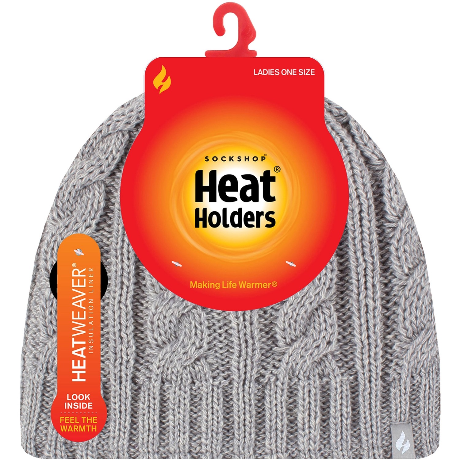 Grau melierte Heat Holders Damenmütze mit Zopfmuster und Heat Weaver Futter.