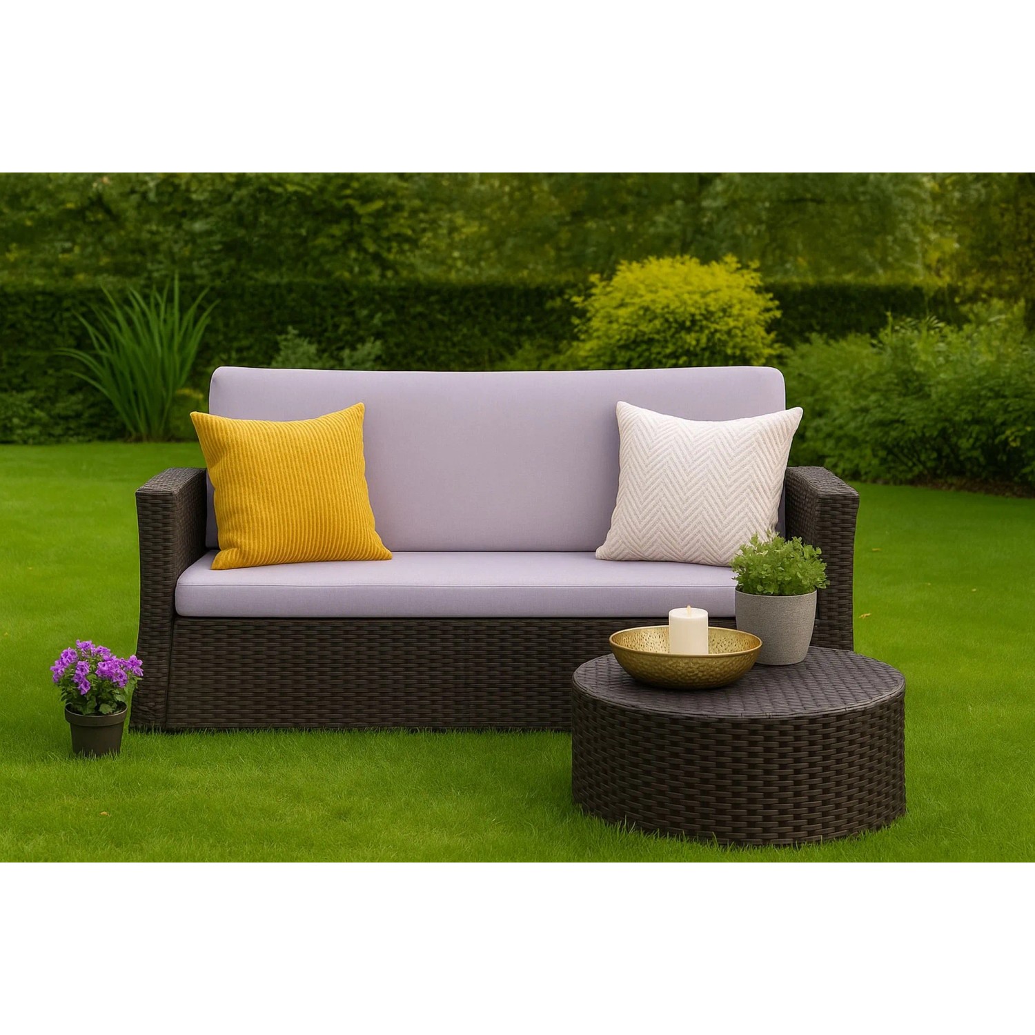 Lila Gartensofa-Kissen Set für Rattanmöbel, 150x60x50cm. Bequeme Sitzauflage für 3-Sitzer Sofa.
