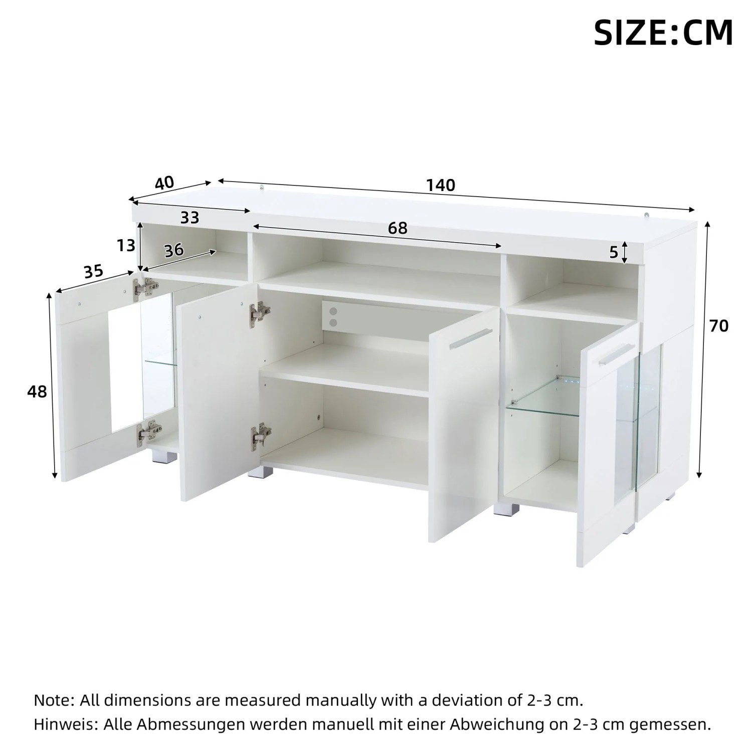 okwish Sideboard mit LED Hochglanz Glasfächer Wohnzimmer 140x40x70 cm Weiß_5
