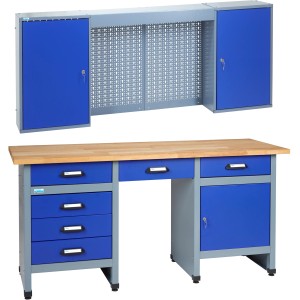 Küpper Werkstatt-Set: Werkbank mit Holzplatte, Hängeschrank, blau-grau, 170 cm breit.