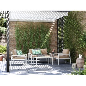 4-teiliges Sofa-Lounge-Set Noralee aus Alu in Weiß mit braunen Kissen für den Garten.