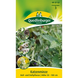 Packung Quedlinburger Katzenminze Kräutersamen mit Abbildung der Pflanze und Blüten.