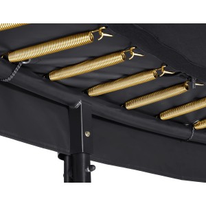 Detailaufnahme des schwarzen Salta Trampolin First Class (ø 251 cm) mit Federn und Rahmen.