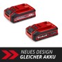 Zwei rote Einhell Power X-Change Akkus 18V 3Ah PXC Plus für Elektrowerkzeuge.