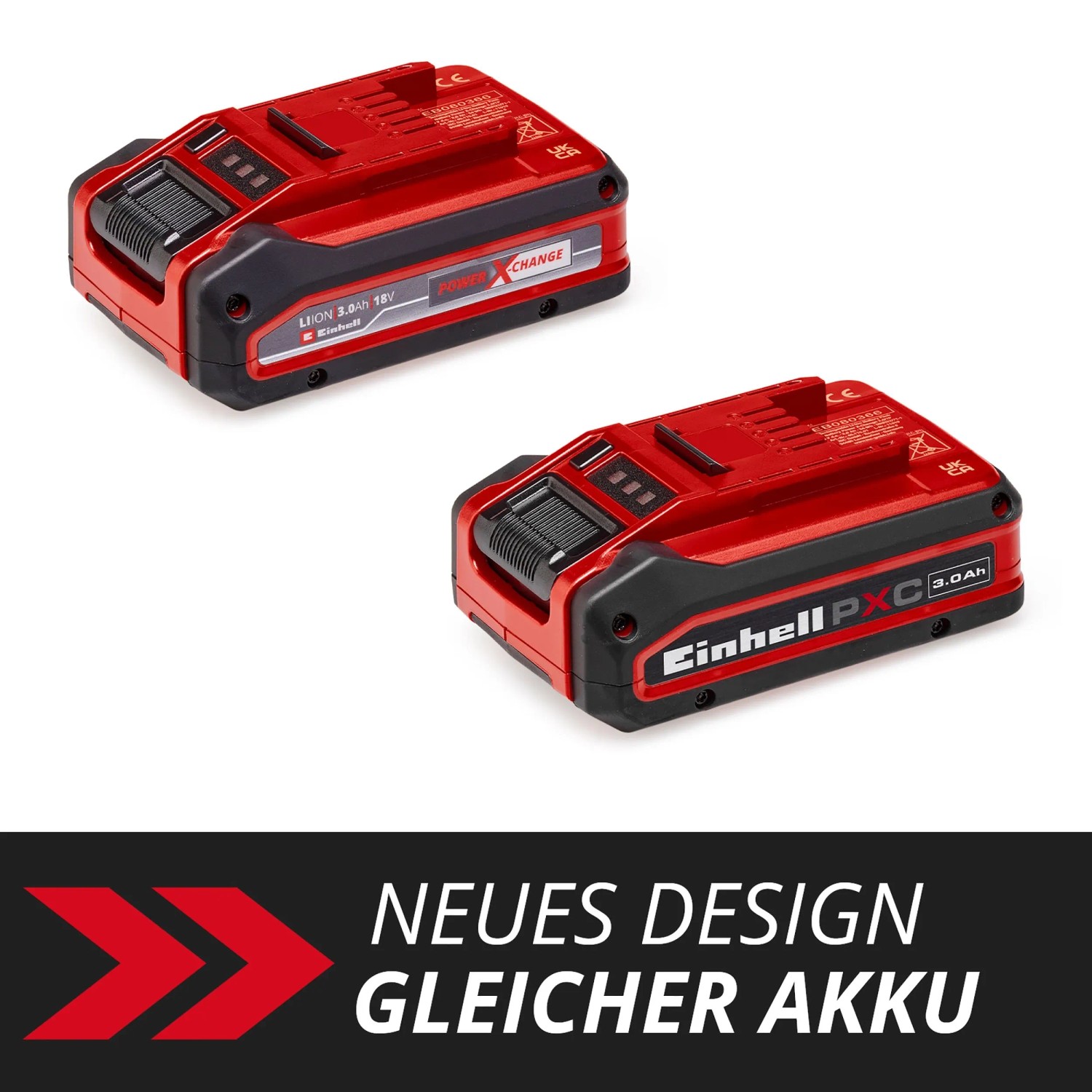 Zwei rote Einhell Power X-Change Akkus 18V 3Ah PXC Plus für Elektrowerkzeuge.
