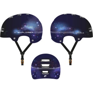 Fischer BMX Kinder Fahrradhelm Universe, Größe S/M, mit Galaxie-Muster und LED-Rücklicht.