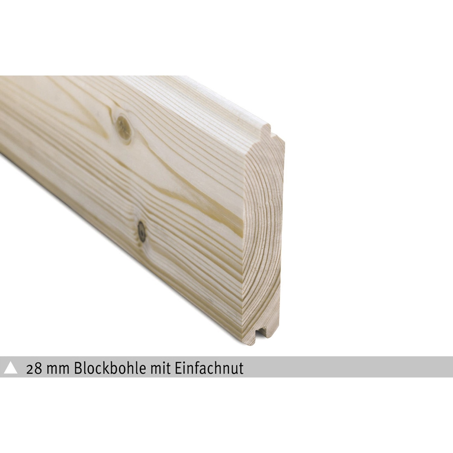 Detailaufnahme einer 28 mm Blockbohle mit Nut für Skan Holz Gartenhaus Faro 2.
