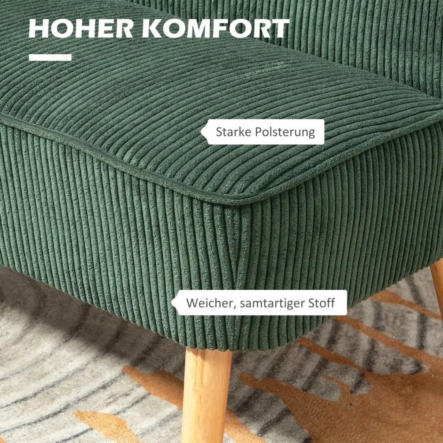 Nahaufnahme eines grünen HOMCOM 2-Sitzer Sofas mit geripptem Stoffbezug, dicker Polsterung und Holzbein.