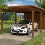 Skan Holz Carport Emsland Nussbaum mit Abstellraum und Auto. Einzelcarport aus Holz.