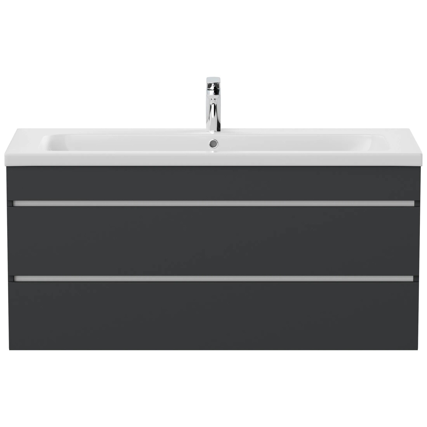 Posseik Badmöbel Fellini 120 in Grafit mit grifflosen Schubladen und Mineralgussbecken.