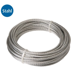 Aufgerolltes Conacord Stahl-Drahtseil, 3 mm Durchmesser, 10 m Länge, silberfarben, Mehrzweckseil.