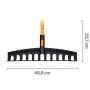 Fiskars Universal-Gartenrechen OneClick, schwarz-orange, mit Maßangaben.