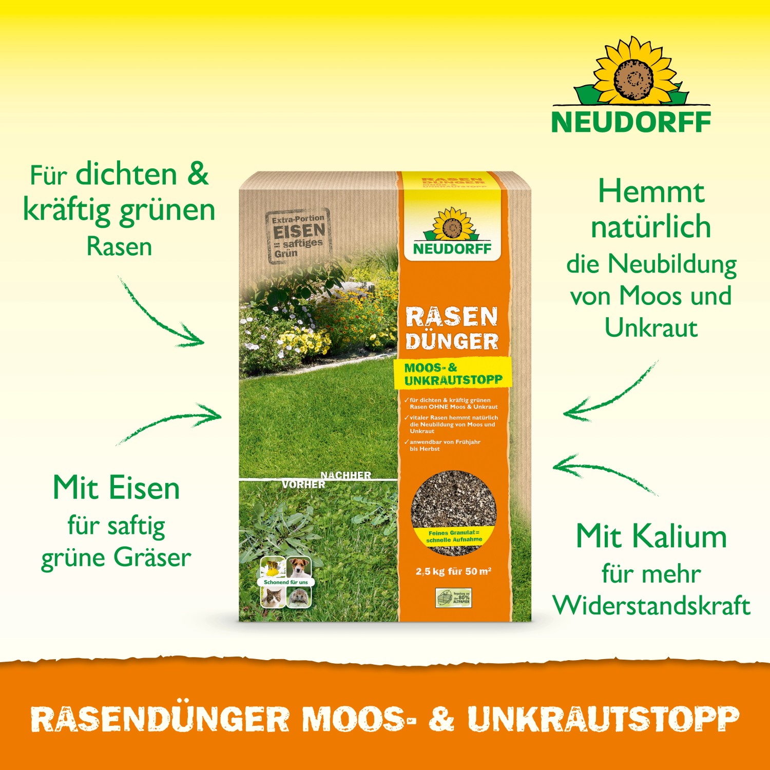 Neudorff Rasen-Dünger Spezial 5Plus1, 2,5 kg Packung. Organisch-mineralischer Rasendünger mit Eisen und Kalium.